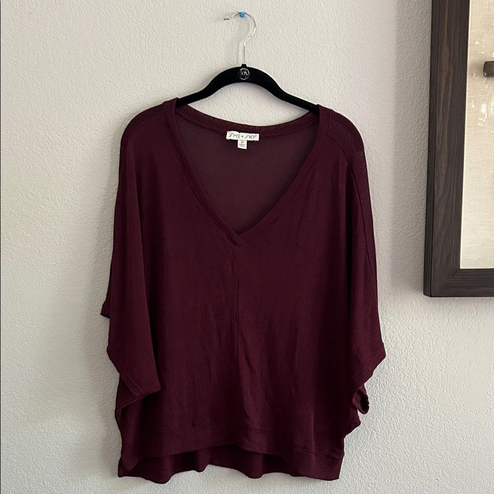 She + Sky Deep Burgundy V-Neck Blouse Sz M oversized
